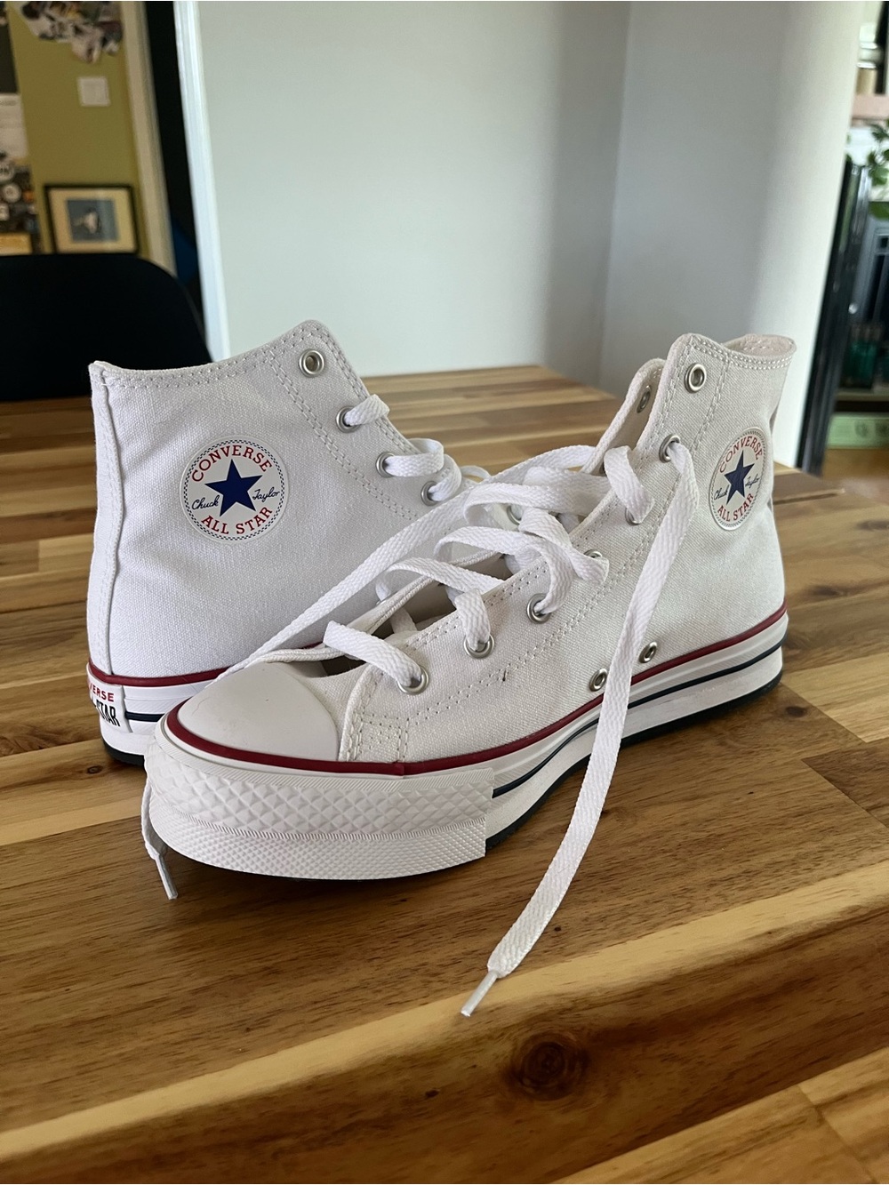 Converse Women’s High Top Sneakers in White with Red & Navy Trim